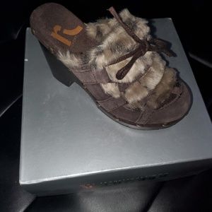 Report leather suede & faux fur mule clogs